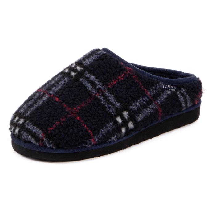 totes Mens Icons Borg Check Mule Slippers With EVA Sole Navy Check Extra Image 3